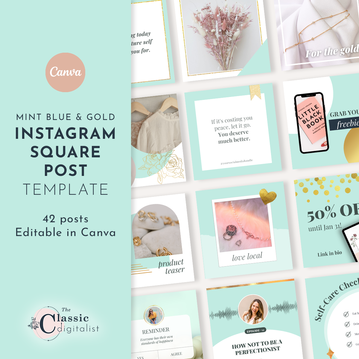 Instagram Square Post Editable Canva Template - Mint Blue and Gold