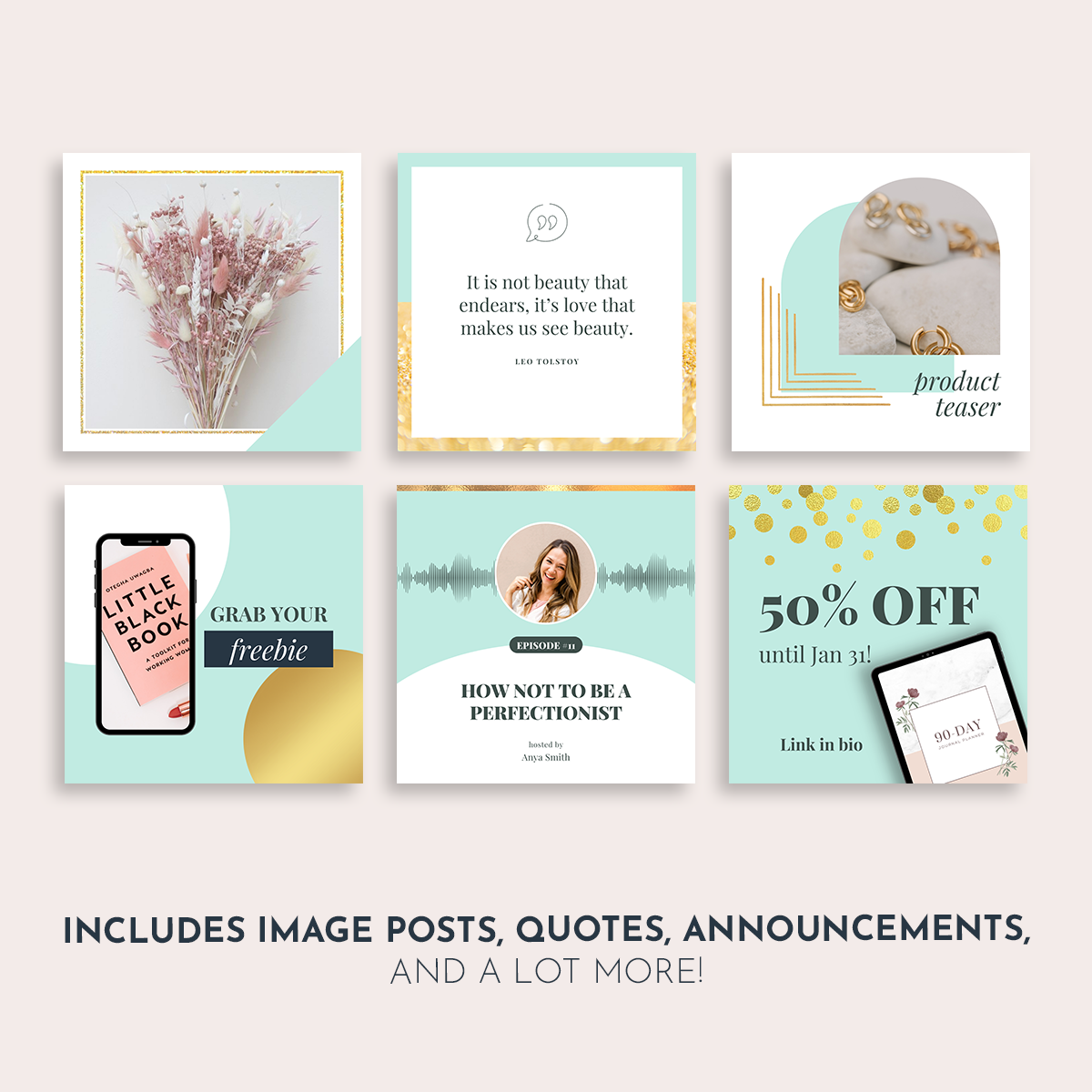 Instagram Square Post Editable Canva Template - Mint Blue and Gold
