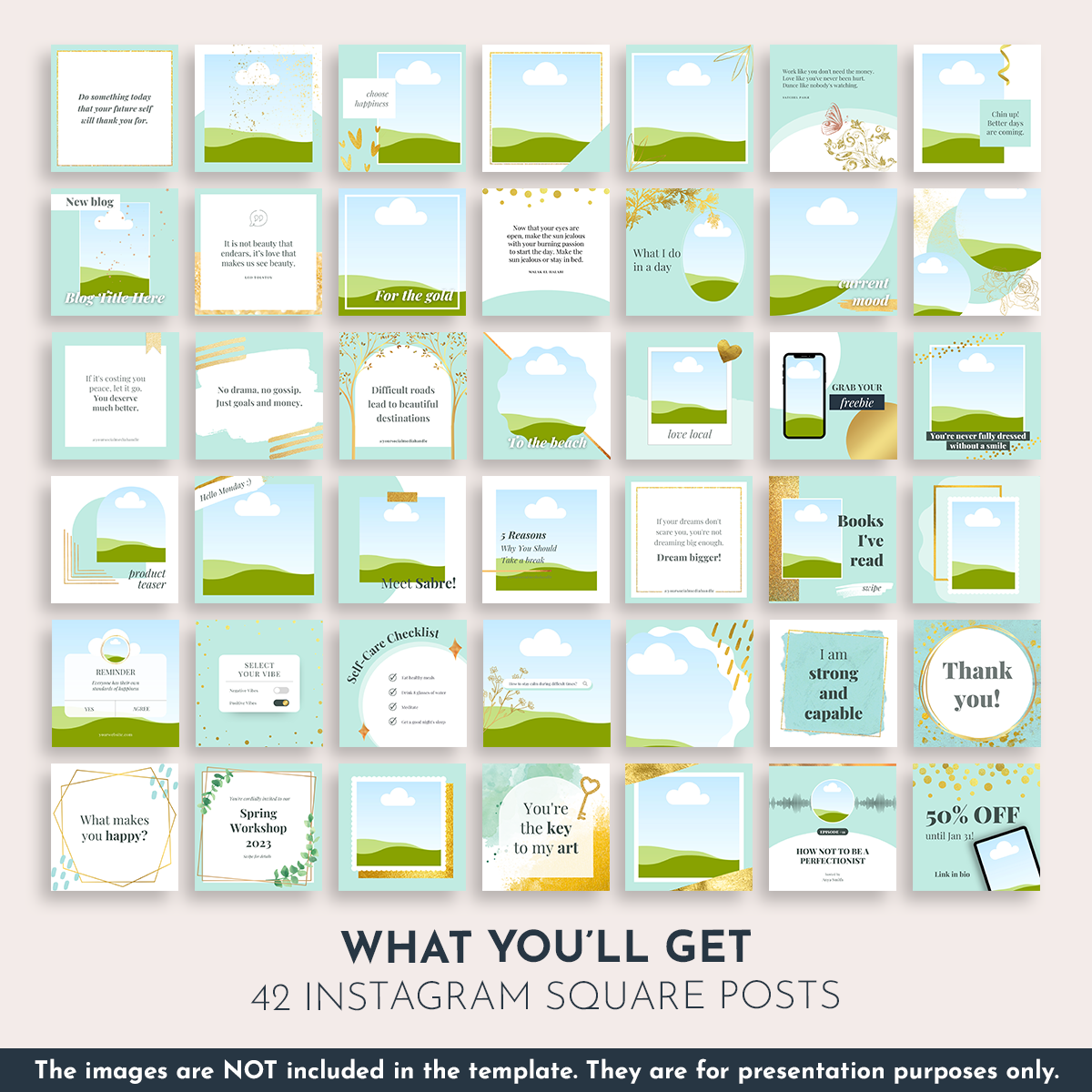 Instagram Square Post Editable Canva Template - Mint Blue and Gold