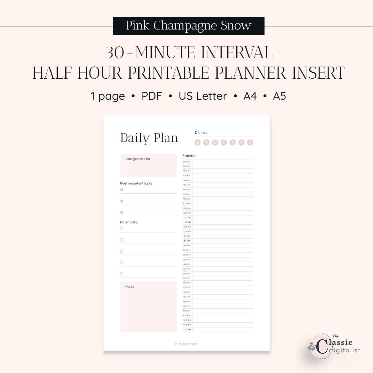 Half Hour Printable Planner, 30 Minute Increment Planner Insert | Pink Champagne Snow