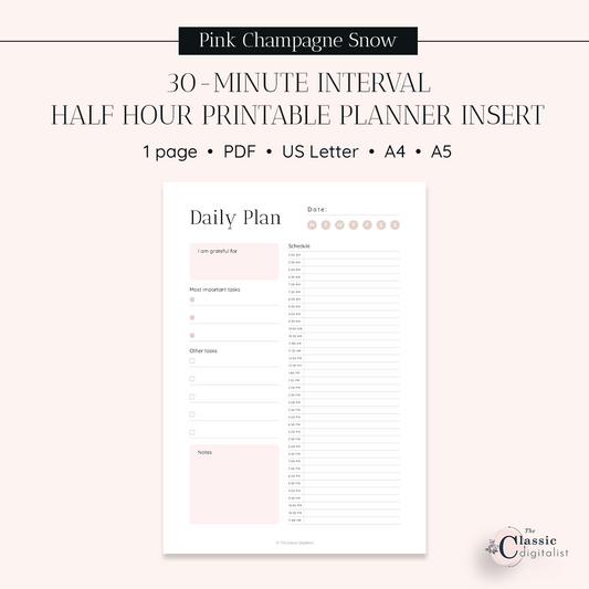 Half Hour Printable Planner, 30 Minute Increment Planner Insert | Pink Champagne Snow