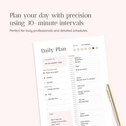 Half Hour Printable Planner, 30 Minute Increment Planner Insert | Pink Champagne Snow