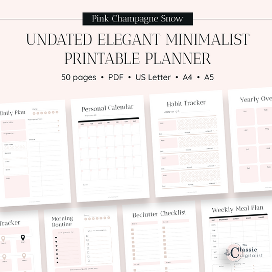 pink elegant minimalist undated printable planner - pink champagne snow boss babe planner