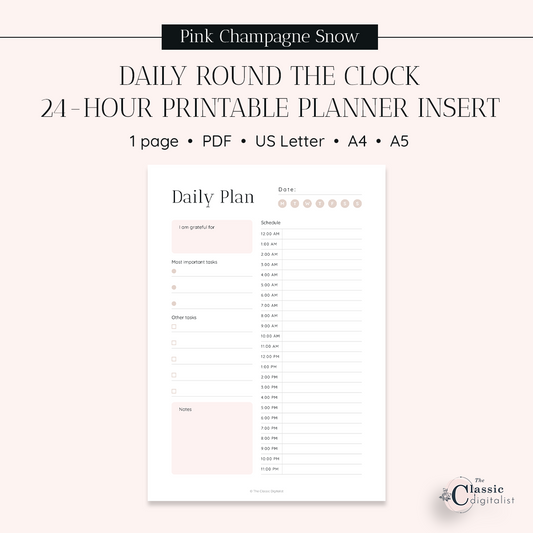 Round the Clock, 24 Hour Daily Printable Planner Insert | Pink Champagne Snow