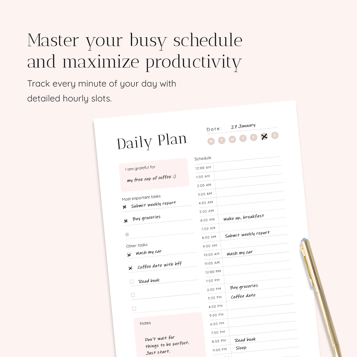 Round the Clock, 24 Hour Daily Printable Planner Insert | Pink Champagne Snow