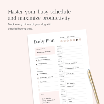 Round the Clock, 24 Hour Daily Printable Planner Insert | Pink Champagne Snow