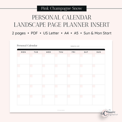 Undated Printable Landscape Calendar, Blank Monthly Horizontal Calendar Page, Sunday & Monday Start | Pink Champagne Snow