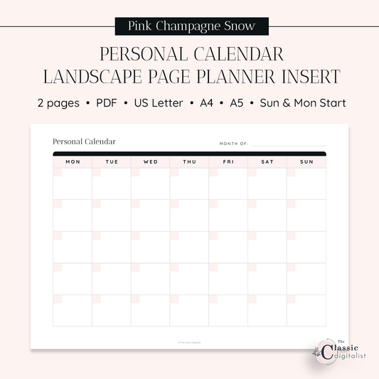 Undated Printable Landscape Calendar, Blank Monthly Horizontal Calendar Page, Sunday & Monday Start | Pink Champagne Snow