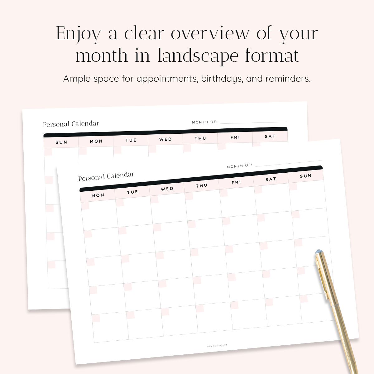 Undated Printable Landscape Calendar, Blank Monthly Horizontal Calendar Page, Sunday & Monday Start | Pink Champagne Snow