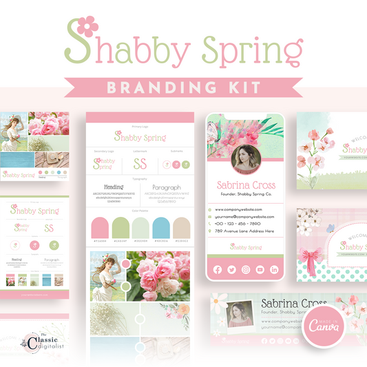 Shabby Spring Theme Brand Kit Pink and Green Editable Canva Templates