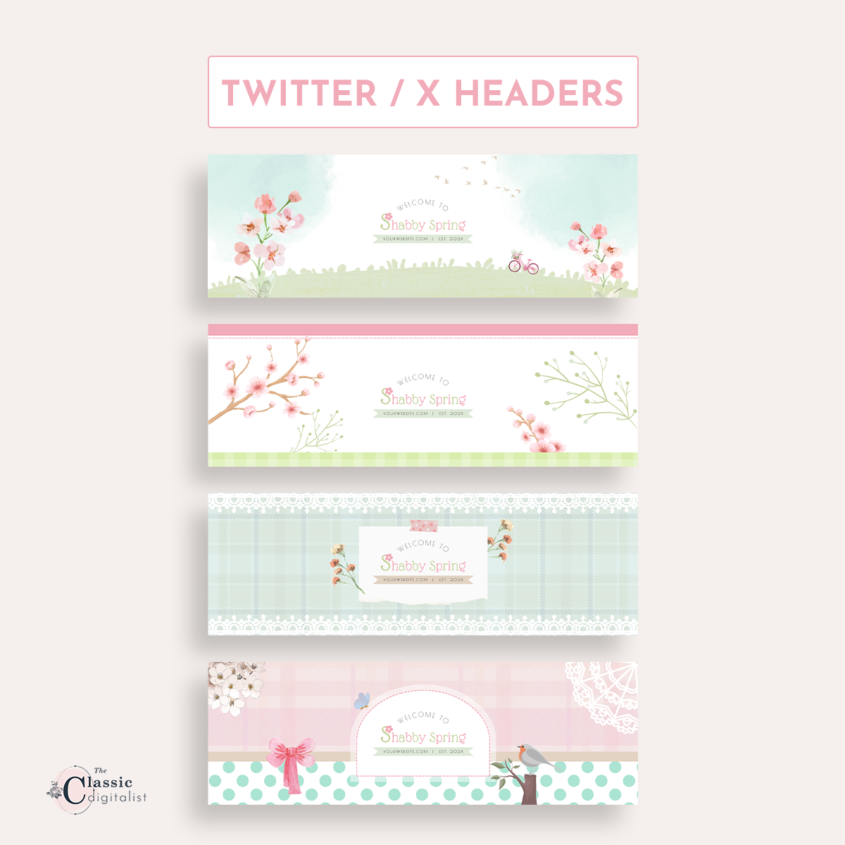 Shabby Spring Theme Brand Kit Pink and Green Editable Canva Templates