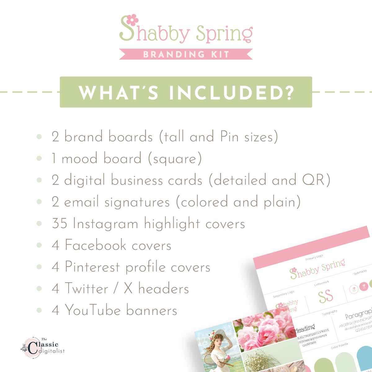 Shabby Spring Theme Brand Kit Pink and Green Editable Canva Templates