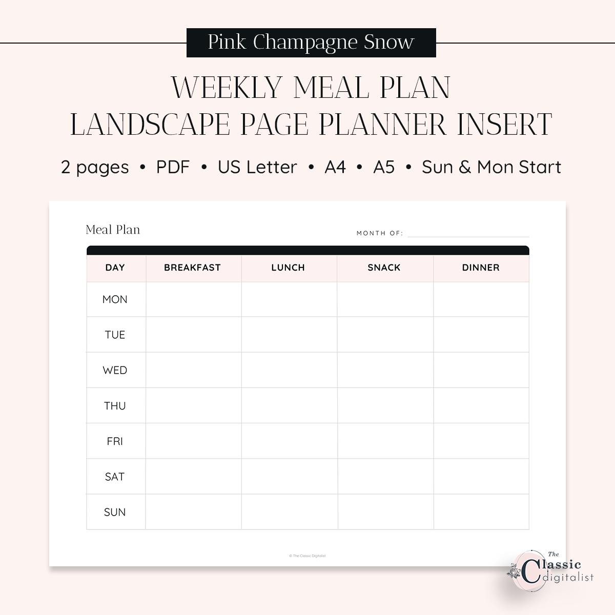 Weekly Meal Plan Printable Planner Insert Landscape | Printable Weekly Meal Planner Horizontal, Sunday & Monday Start | Pink Champagne Snow