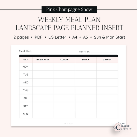 Weekly Meal Plan Printable Planner Insert Landscape | Printable Weekly Meal Planner Horizontal, Sunday & Monday Start | Pink Champagne Snow