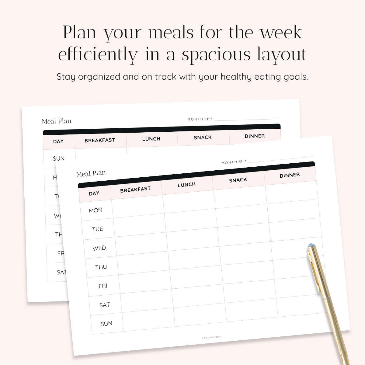 Weekly Meal Plan Printable Planner Insert Landscape | Printable Weekly Meal Planner Horizontal, Sunday & Monday Start | Pink Champagne Snow