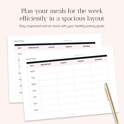 Weekly Meal Plan Printable Planner Insert Landscape | Printable Weekly Meal Planner Horizontal, Sunday & Monday Start | Pink Champagne Snow