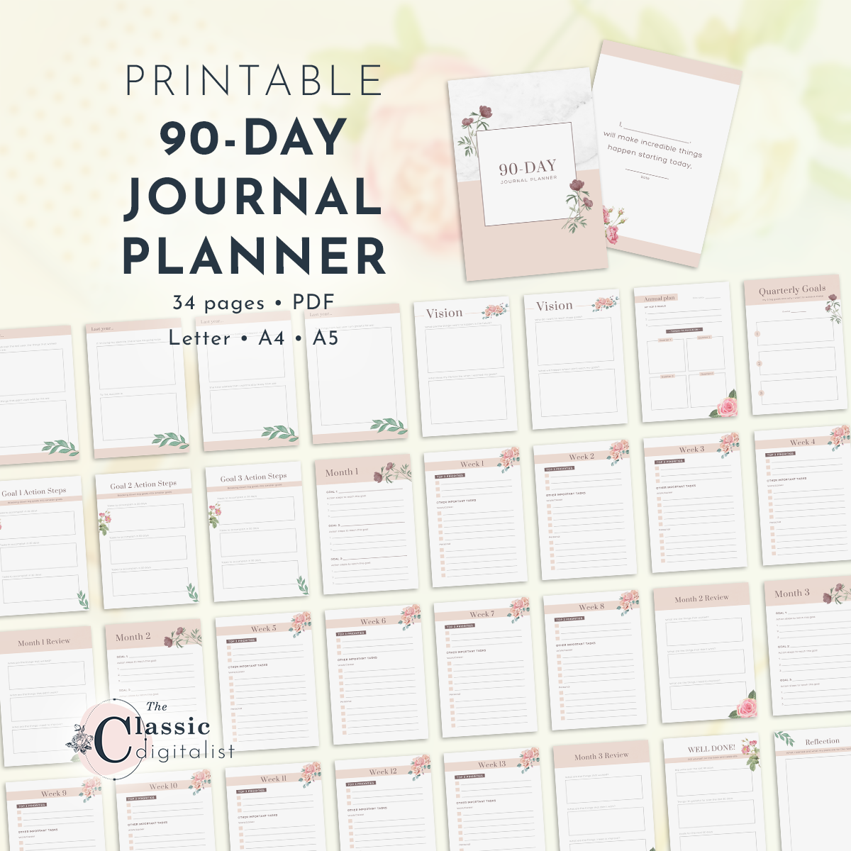 90-Day Printable Journal Planner Blush and Florals