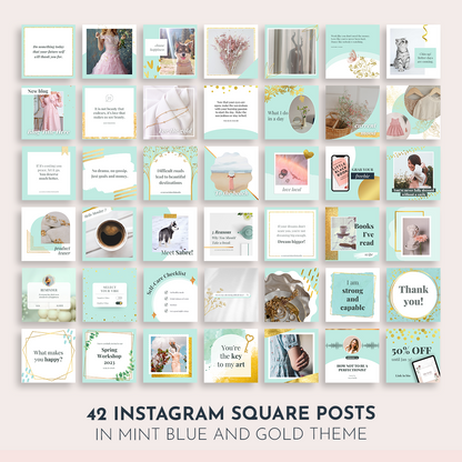 Instagram Square Post Editable Canva Template - Mint Blue and Gold