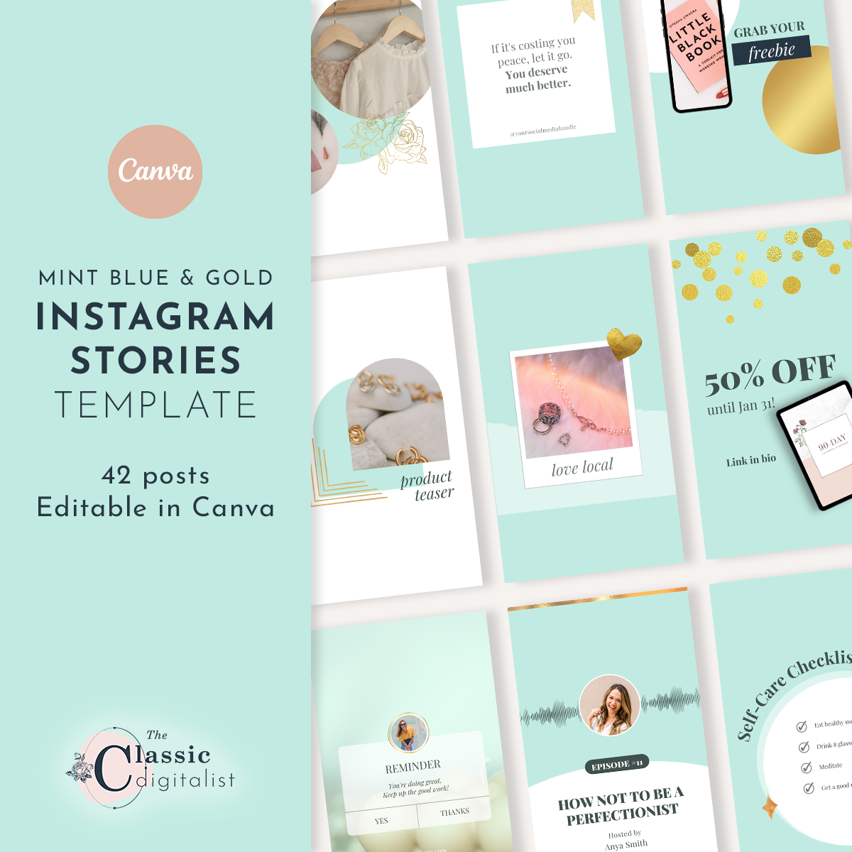 Instagram Story Editable Canva Template - Mint Blue and Gold